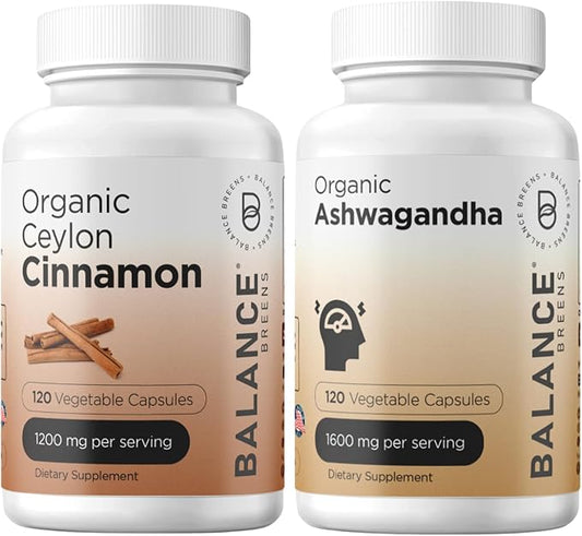 Balance Breens Organic Ceylon Cinnamon 1200mg + Certified Organic Ashwagandha 1600 mg Supplement Combo