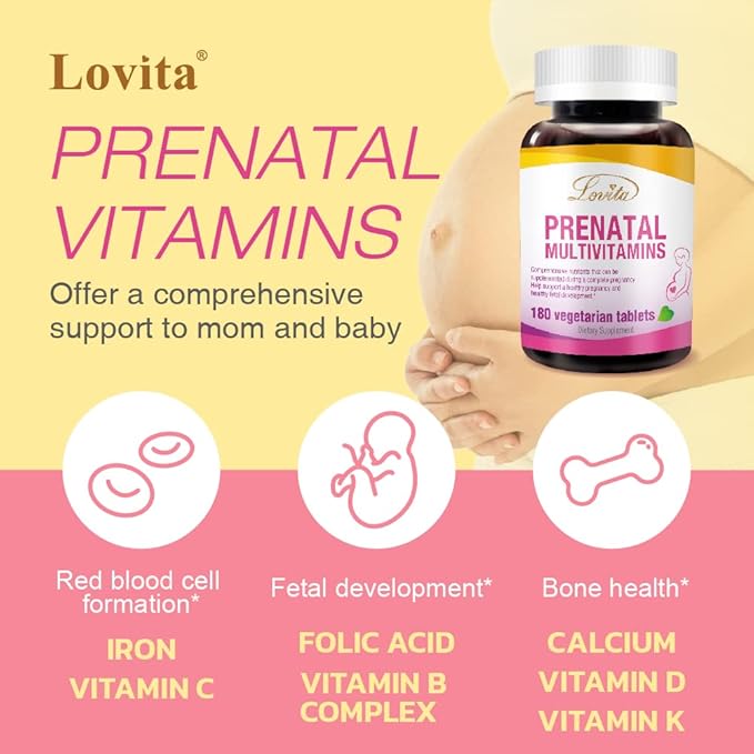 Lovita Prenatal Multivitamins - Comprehensive Nutrient Support for Before, During, and Post-Pregnancy - 180 Vegetarian Tablets