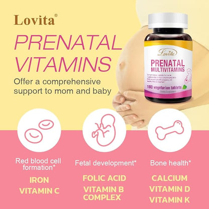 Lovita Prenatal Multivitamins - Comprehensive Nutrient Support for Before, During, and Post-Pregnancy - 180 Vegetarian Tablets