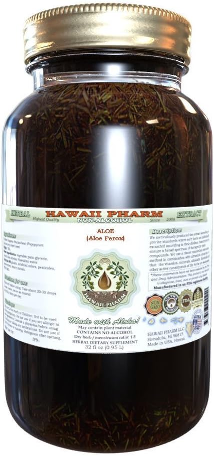 Aloe Alcohol-Free Liquid Extract, Aloe (Aloe Ferox) Dried Leaf Glycerite Hawaii Pharm Natural Herbal Supplement 32 oz Unfiltered