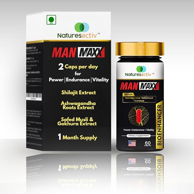 Nature's Activ Man Maxx Capsules with Shilajit - A Supplement Featuring Shilajit, Ashwagandha, Safed Musli, Gokshura, and Piperine. Each Bottle Contains 60 Capsules.