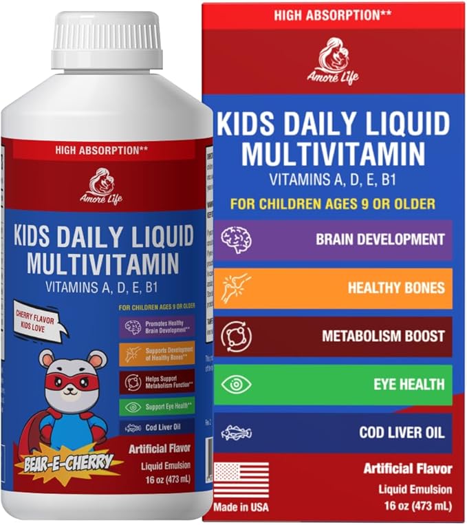 Daily Liquid Multivitamin for Kids, High Absorption with Vitamins A, D, E, B1 and Cod Liver Oil, Vitamin Supplements for Kids, Family Friendly, 16oz, Cherry Flavor