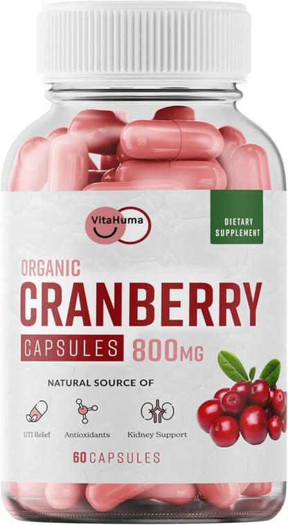 Organic Cranberry Extract Capsules, 800 MG Per Serving, Whole Fruit Cranberry & Cran-Max, Natural Source of Proanthocyanidins (PACs), Antioxidants & Nutrients, Vegan, Non GMO, 60 Capsules