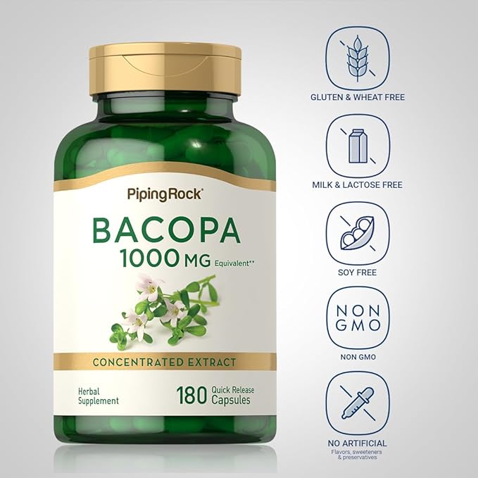 Piping Rock Bacopa Monnieri Supplement 1000mg | 180 Capsules | Herbal Extract |Non-GMO & Gluten Free