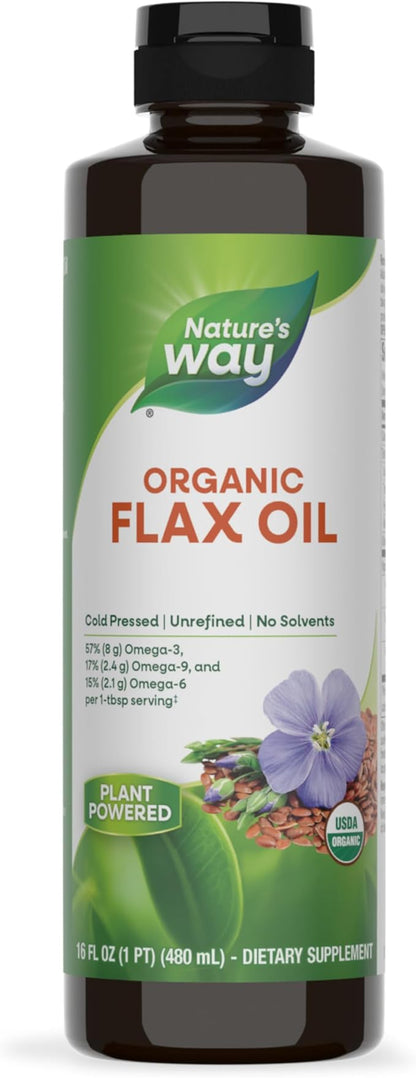Nature's Way Organic Flax Oil, USDA Certified Organic, Omega-3, 6, 9, Cold Pressed, 16 Fl Oz (Packaging May Vary)