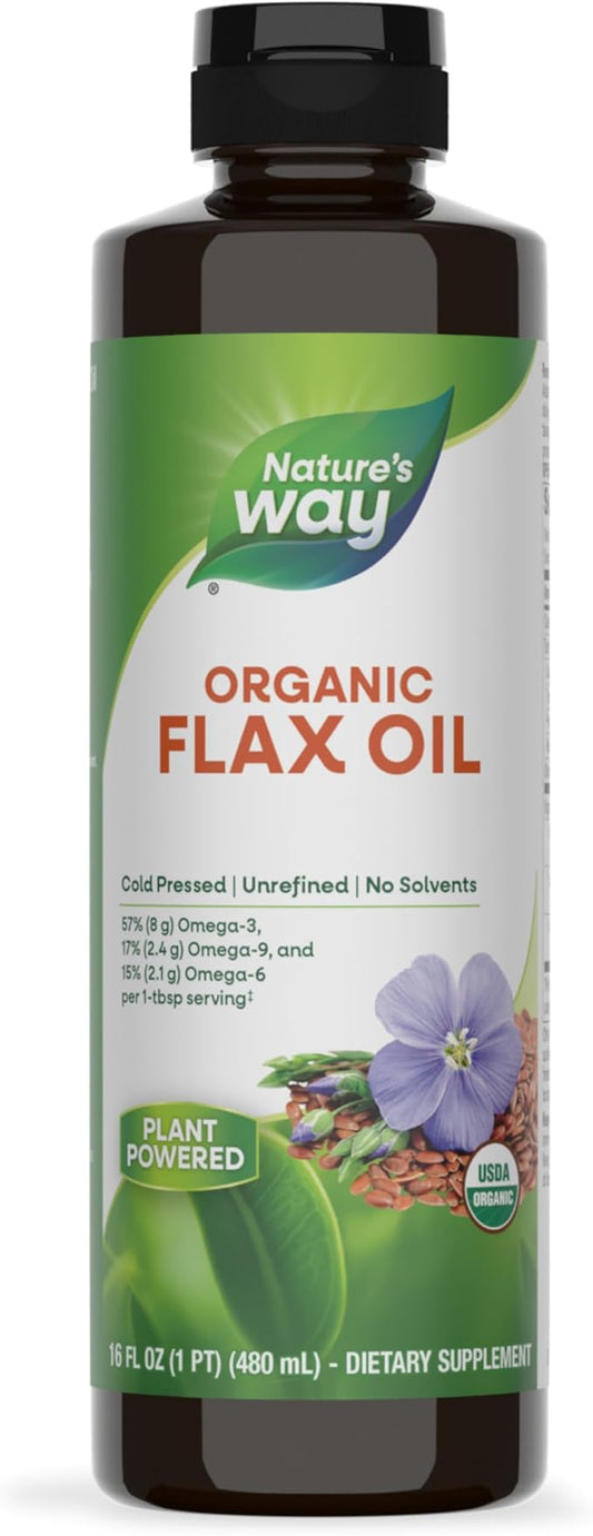 Nature's Way Organic Flax Oil, USDA Certified Organic, Omega-3, 6, 9, Cold Pressed, 16 Fl Oz (Packaging May Vary)