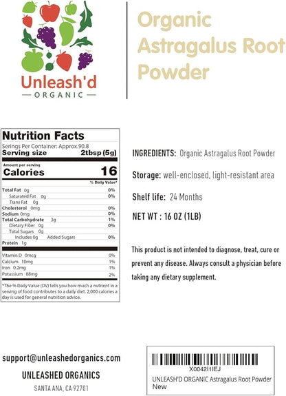 UNLEASH'D ORGANIC Organic Astragalus Root Powder 16 oz 100% Pure Natural, Promotes Overall Wellness, Immune Support, Raw and Non-GMO