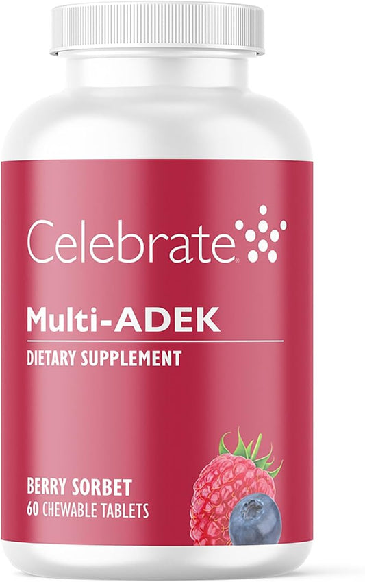 Celebrate Vitamins Multi ADEK Chewables, Iron Free - Daily Bariatric Multivitamin, High Level of Vitamins A, D, E, K & B12 for Duodenal Switch Surgery Patients - Berry Sorbert (60 Tablets)