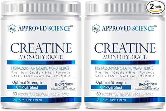 Approved Science Creatine Monohydrate Powder with BioPerine - Workout Support - 120 Servings - 5g Per Serving - Unflavored - Pack of 2 - Non-GMO, Vegan