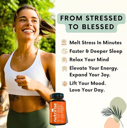 NutriRise Organic Ashwagandha Root Capsules with Black Pepper, 1300mg, Natural Stress & Mood, Thyroid, and Immune Support Supplement, Clarity, Focus & Energy, Gluten Free, 120 Count