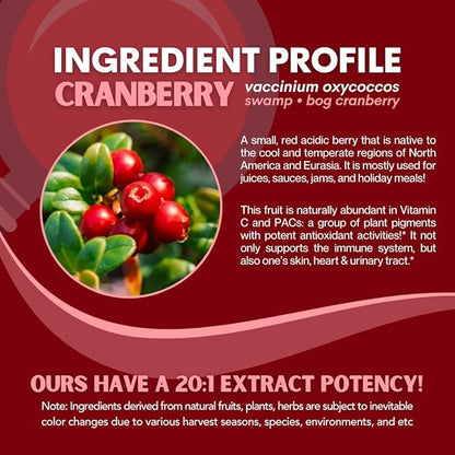 Cranberry Extract Pills Supplement 25% Proanthocyanidins with Vitamin C - Urinary Tract, Skin, Immune Support - 180 Veggie Capsules - Non-GMO, Gluten-Free, Vegan Friendly