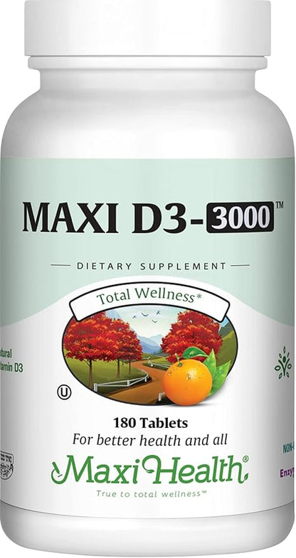 Maxi Health D3 3000 - Supports Bone Health and Immune System - Prevents Vitamin D Deficiency - 3000IU Tablets Contain 75 MCG per Serving to Support Bone Health (180 Tablets)