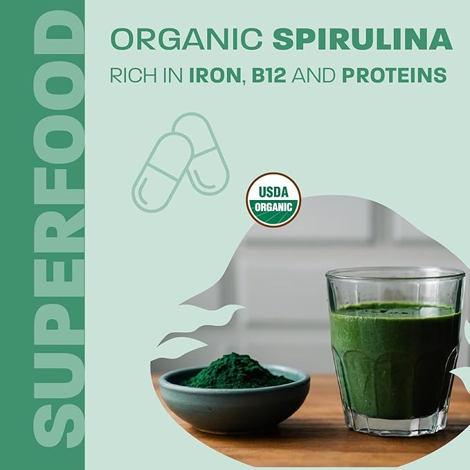 Land Art Certified Organic Spirulina - 180 Capsules - Superfood- Rich in Minerals, Vitamins and proteins - Vegan