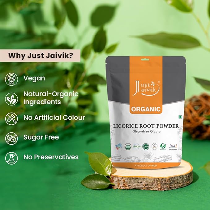 Just Jaivik 100% Organic Licorice Root Powder - 227 gm / 0.5 lb Mulethi | Glycyrrhiza Glabra/Yastimadu | May Enhance Gut, Respiratory & Digestive Wellness | USDA Organic Certified Herb