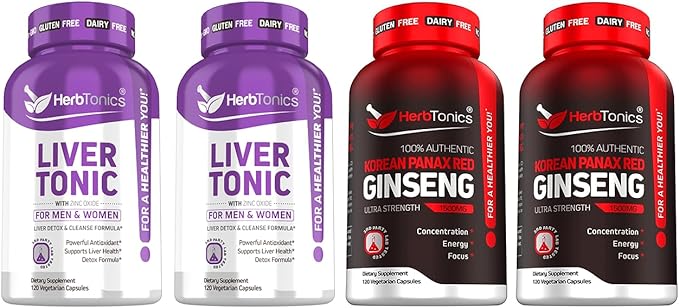 Herbtonics Liver Cleanse Detox & Repair Formula - 20+ Herbs: Milk Thistle, Artichoke Extract, Silymarin & Dandelion - Korean Red Panax Ginseng 1500mg - High Potency Ginseng for Energy for Men & Women