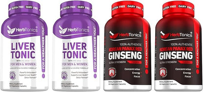 Herbtonics Liver Cleanse Detox & Repair Formula - 20+ Herbs: Milk Thistle, Artichoke Extract, Silymarin & Dandelion - Korean Red Panax Ginseng 1500mg - High Potency Ginseng for Energy for Men & Women