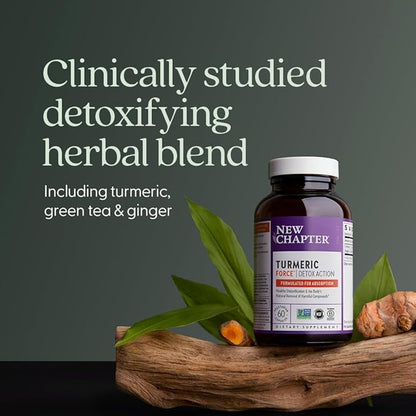 New Chapter Turmeric Supplement + Daily Detox Turmeric Force Detox Action with Green Tea + Ginger + NO Black Pepper Needed + NonGMO Ingredients Vegetarian Capsule, 60 Count