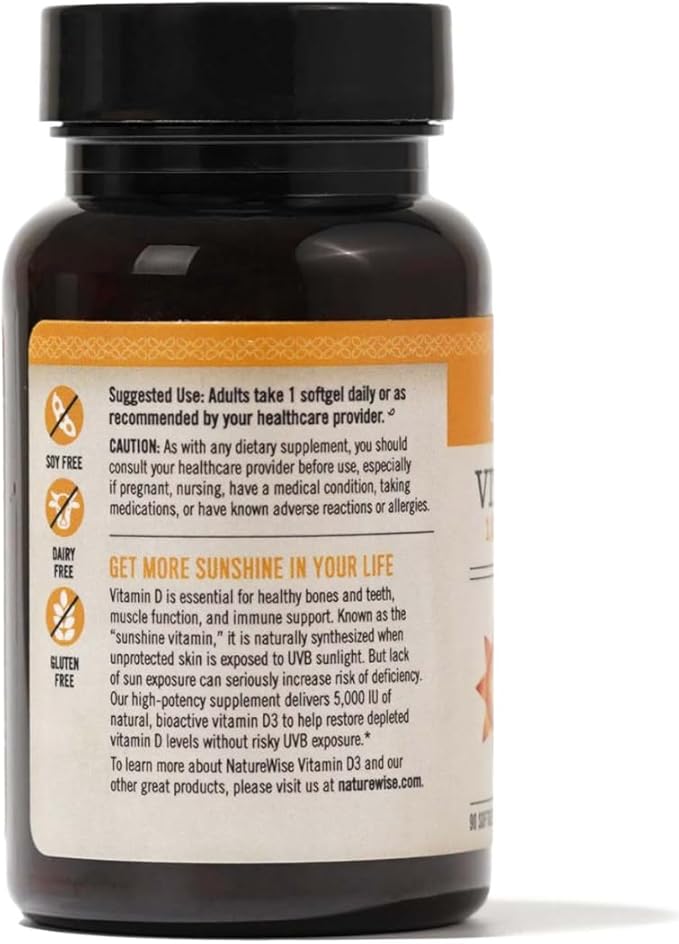 NatureWise Vitamin D3 5000iu (125 mcg) 90-Day Supply for Immune Support, Healthy Muscle Function, and Bone Health - Non-GMO, Gluten-Free in Organic Extra Virgin Olive Oil, (Mini Softgel), 90 Count