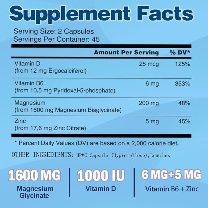 Magnesium Glycinate Supplements 1600mg - with Vitamin B6 & Zinc, Vitamin D3, Vegan Bisglycinate Magnesium for Sleep, Muscle, Bone Health, High Absorption, Gentle On Stomach, Non-GMO, 180 Caps