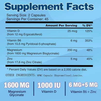 Magnesium Glycinate Supplements 1600mg - with Vitamin B6 & Zinc, Vitamin D3, Vegan Bisglycinate Magnesium for Sleep, Muscle, Bone Health, High Absorption, Gentle On Stomach, Non-GMO, 180 Caps