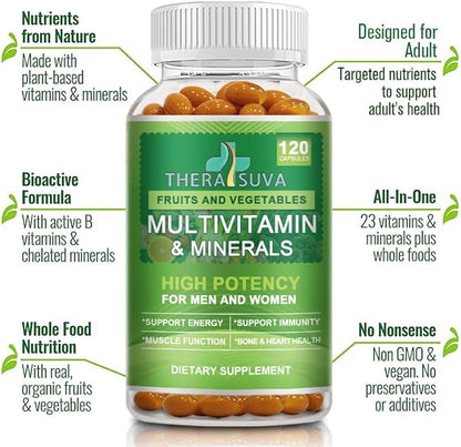 All Natural Multivitamins & Minerals + B Complex + Calcium + Magnesium + Zinc, 100% Vegan Sourced Whole Food Supplement, Complete Nutritional Support for Men & Women- 120 Capsules, 60 Day Supply