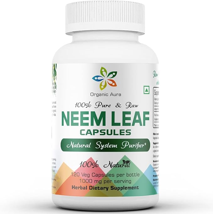 Organic Aura Neem Capsules. 100% Pure and Potent. Raw Green Whole Superfood. Made with Whole Spectrum Neem Leaves. Miracle Detoxifying Agent. Radiant Skin and Immunity.