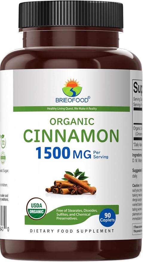 Brieofood Organic Cinnamon 1500mg, 45 Servings, Vegetarian, Gluten Free, 90 Vegetarian Tablets
