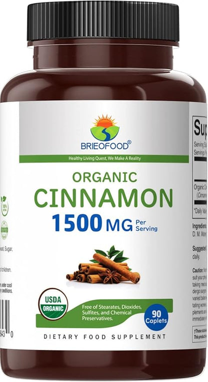 Brieofood Organic Cinnamon 1500mg, 45 Servings, Vegetarian, Gluten Free, 90 Vegetarian Tablets