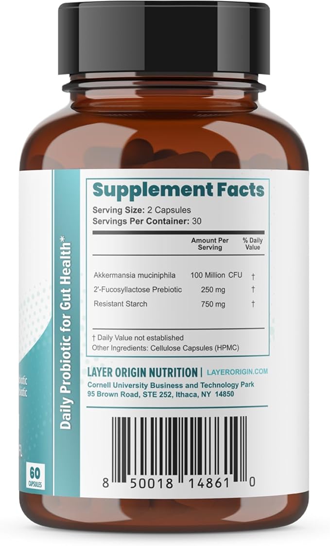 Layer Origin Akkermansia muciniphila Probiotic, The Only Akkermansia with PureHMO Prebiotic, Live, Validated Strain, 30-Day