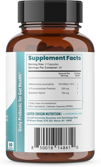 Layer Origin Akkermansia muciniphila Probiotic, The Only Akkermansia with PureHMO Prebiotic, Live, Validated Strain, 30-Day