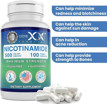 Genex Formulas - Nicotinamide 500mg Vitamin B3 Flush Free Niacin Capsules for Healthy Skin - Niacinamide Supplement Pills Help Produce Keratin & Support Skin Cell Health & Energy - (100 Capsules)