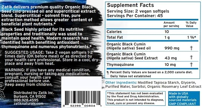 Zatik Naturals - Black Cumin Seed Oil & Supercritical Extract, Cold Pressed, Unrefined, USDA Organic, Gluten Free, Vegan, 90 Vegan Softgels