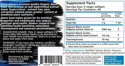 Zatik Naturals - Black Cumin Seed Oil & Supercritical Extract, Cold Pressed, Unrefined, USDA Organic, Gluten Free, Vegan, 90 Vegan Softgels