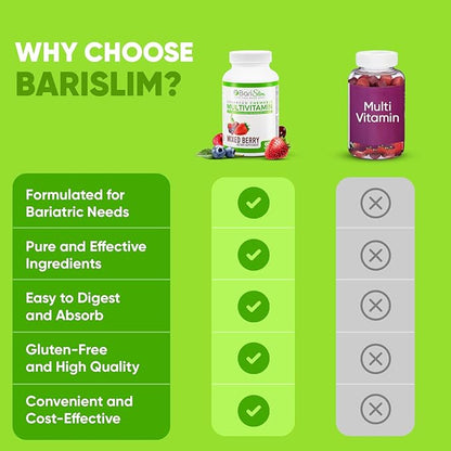 BariSlim Advanced Chewable Bariatric Multivitamin Tablets - Bariatric Vitamin and Supplement for Post Bariatric Surgery Including Gastric Bypass & Gastric Sleeve | Mixed Berry (60 Count)