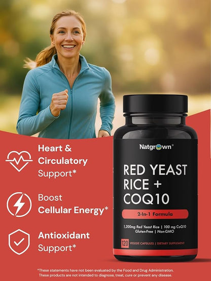 Natgrown Red Yeast Rice with CoQ10 Supplement – 1200 mg Red Yeast Rice Extract + 100 mg Coenzyme Q10 – Heart & Circulatory Support – Vegan, Non-GMO – 120 Capsules