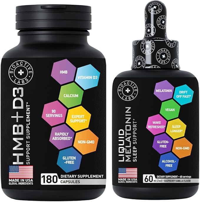 Liquid Melatonin 3mg and Advanced HMB and Vitamin D3 Supplement Power and Recovery Bundle
