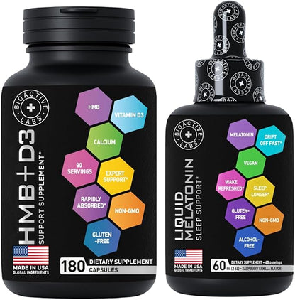 Liquid Melatonin 3mg and Advanced HMB and Vitamin D3 Supplement Power and Recovery Bundle