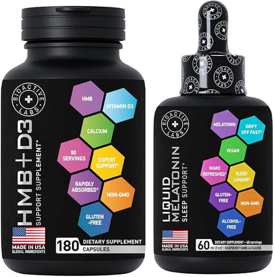 Liquid Melatonin 3mg and Advanced HMB and Vitamin D3 Supplement Power and Recovery Bundle