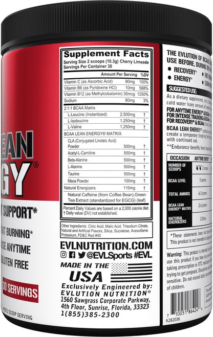 EVL BCAA Lean Energy Powder - Pre Workout Green Tea Fat Burner Support with BCAAs Amino Acids and Clean Energizers - Post Workout Recovery Drink for Lean Muscle Recovery - Cherry Limeade