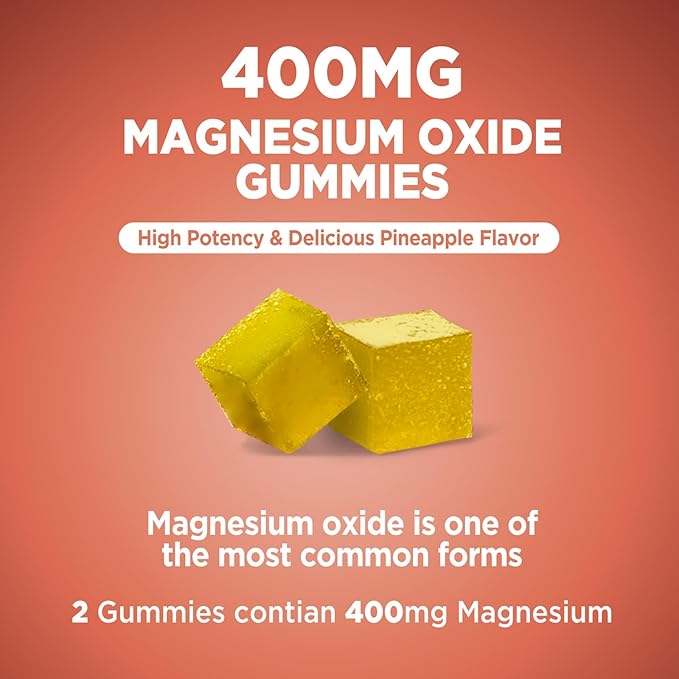 Magnesium Oxide 400mg Gummies, Magnesium Oxide Chewable Supplement for Muscle, Nerve & Heart Health, Vegan, Pinapple Flavor, 120 Count