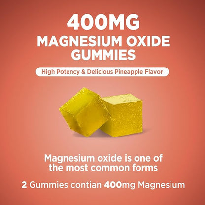 Magnesium Oxide 400mg Gummies, Magnesium Oxide Chewable Supplement for Muscle, Nerve & Heart Health, Vegan, Pinapple Flavor, 60 Count