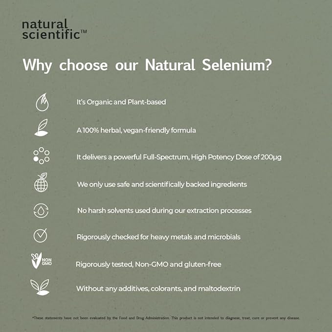 Selenium 200mcg Capsules - Organic Selenium Supplement for Antioxidant Support & Immune Health - Vegan, Gluten-Free, Non-GMO - 60 Capsules, 2-Month Supply - Premium Supplement by Natural Scientific