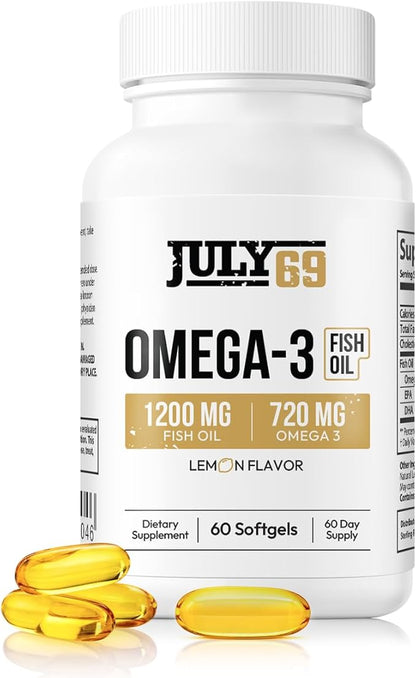 Omega 3 Fish Oil - 1200 MG Fish Oil, 720 MG Omega 3, Lemon Flavor, 60 Softgels, Natural EPA-DHA Softgels for Strength & Health, High Potency, Support for Women & Men
