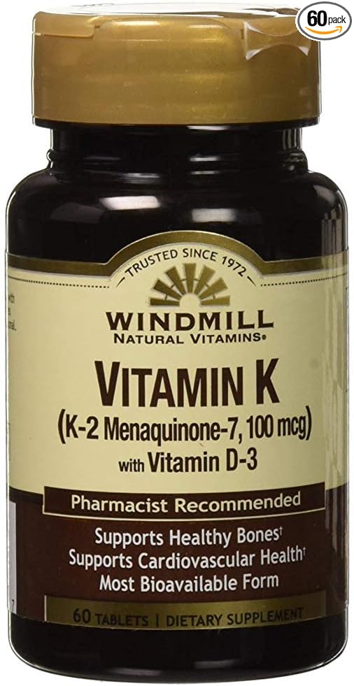 Windmill Natural Vitamins Vitamin K (K-2 Menaquinone-7, 100mcg) 60 Tablets (Pack of 1)