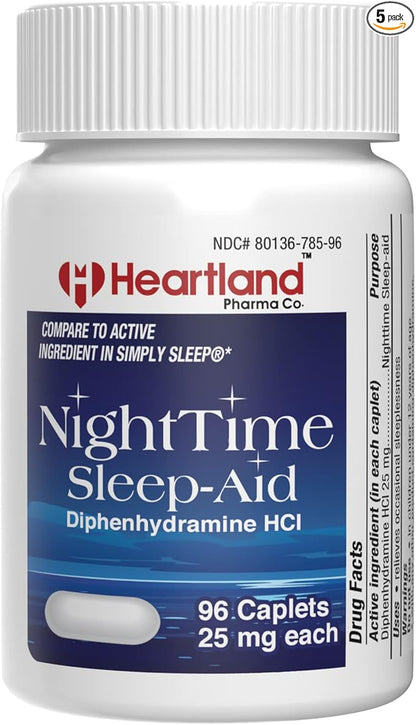 Diphenhydramine HCI 25mg | Sleep Aid Relief Caplets | Sleeping Pills for Adults Extra Strong | Natural Sleeping Aids | 96 Count | 5 Pack