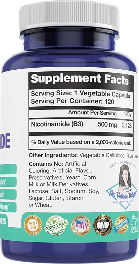 Nicotinamide 500 mg - Vitamin B3 – Energy; Cell & Skin Health. Value Priced - Flush-Free - 120 Veggie Caps by Foxxy Doc