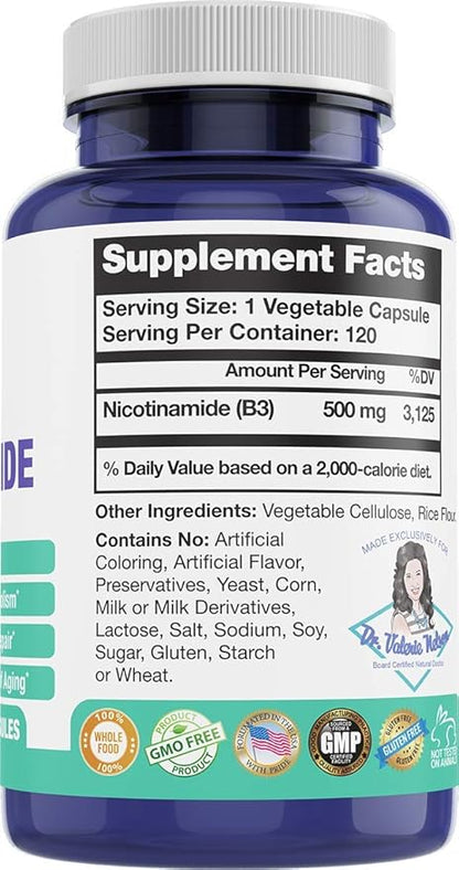 Nicotinamide 500 mg - Vitamin B3 – Energy; Cell & Skin Health. Value Priced - Flush-Free - 120 Veggie Caps by Foxxy Doc
