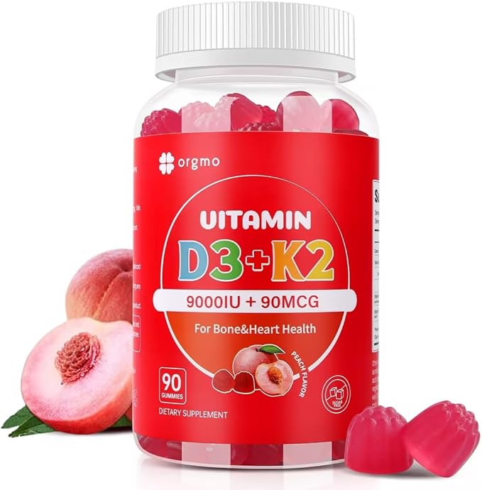D3 K2 Vitamin 9000 IU Supplement Gummies for Women Adult Muscle Teeth Immune Support Sugar Free 90 Counts, Peach Flavor