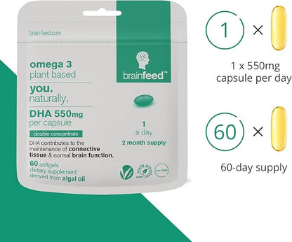 DHA Supplements (60) | Double Concentrate Omega 3 DHA 500mg PER Capsule - 1 a day | Brain & Eye Health Support | Vegan DHA - Omega 3 Algae Oil | DHA 1000mg x 2 Capsules | 2 Month Supply | Sustainable