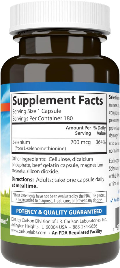 Carlson - Selenium, 200 mcg Yeast-Free, Prostate Health & Immune Support, Antioxidant, 180 capsules